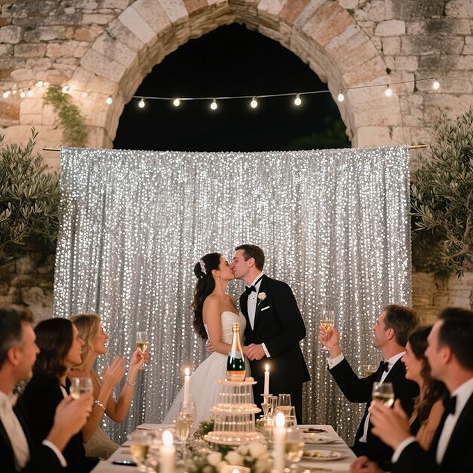 VOK Silver Sequin Backdrop Curtains 4 Panels 2FTx8FT Glitter Photography Background for Wedding Birthday Christmas Party Decorations