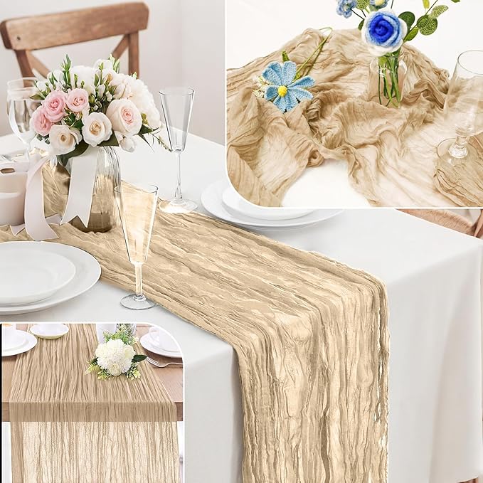 Cheesecloth Table Runner 10FT (35x120 Inch) - 10 Pack Nude Boho Gauze Fabric Cheese Cloth Table Runner Rustic Sheer Table Runners Cheesecloth for Wedding, Bridal Shower, Birthday Party Decor