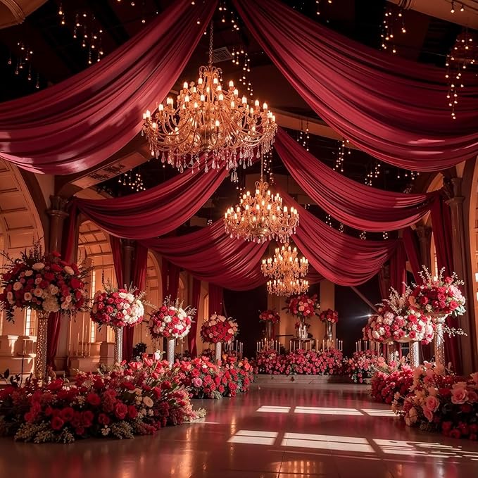 Wedding Arch Draping Fabric, 2 Panels 18FT Burgundy Sheer Backdrop Curtain Chiffon Fabric Drapery Sheer Voile Scarf Draping Panels for Wedding Archway Ceremony Curtain Valance Party Decoration