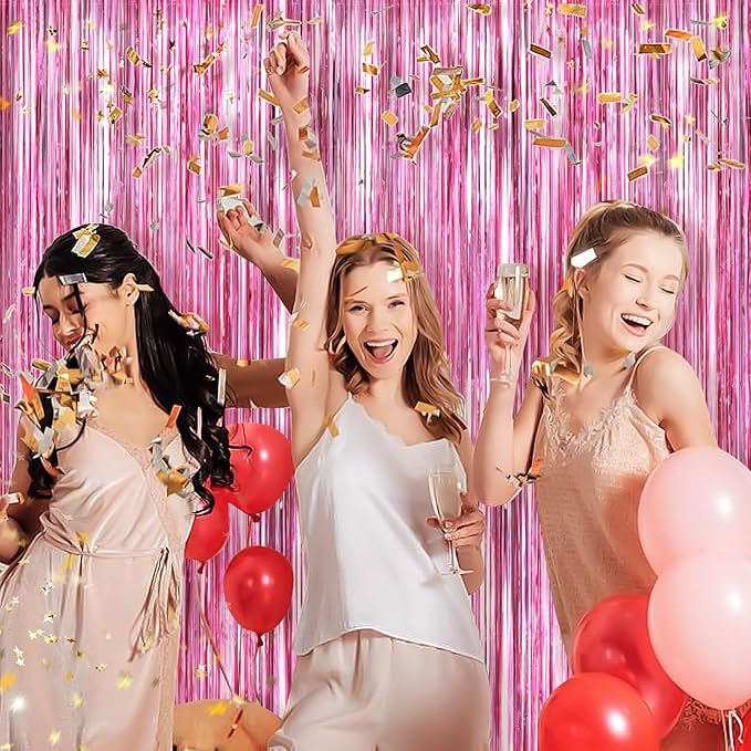 Pink Metallic Tinsel Foil Fringe Curtains, 2 Pack 3.3x8.3 Feet Party Streamer for Birthday Party Decorations, Halloween Decor, Foil Curtain Backdrop for Bachelorette Party