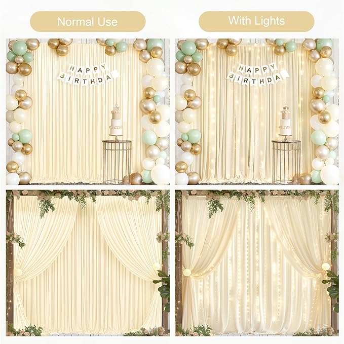 Light Champagne Backdrop Curtains with Lights String for Parties,10x10FT Wrinkle Free Wedding Photo Backdrop Curtains for Baby Shower Birthday Ceremony Reception Home Party Decorations-5ft x 10ft