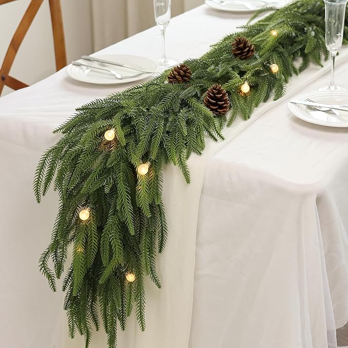 6FT Christmas Norfolk Pine Garland -2PCS, Artificial Pine Needles Garlands Faux Greenery Fake Garland for Holiday Fireplace,Table,Window,Stairs,Mante,Indoor Outdoor Decor
