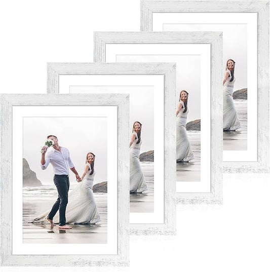10x14 Picture Frame Set of 4 with Tempered Glass, Distressed White Frame Display 8x12 Picture with Mat or 10 x 14 Without Mat, Wood Rustic Photo Frames for Horizontal or Vertical Wall Mounting