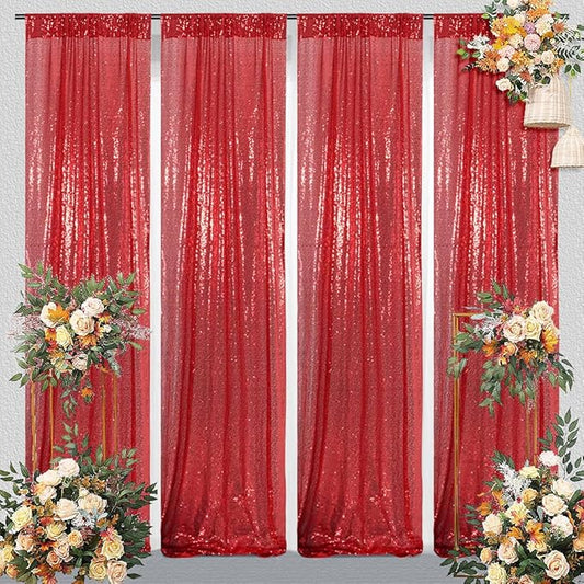 Juya Delight Red Sequin Backdrop Curtain,4PCS 2FTx8ft Glitter Backdrop Curtain for Party,Birthday,Christmas Wedding Decoration