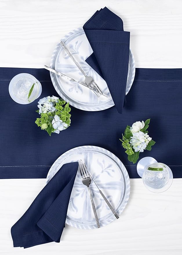 Solino Home Linen Navy Blue Table Runner 144 Inches Long - 100% Pure Linen Extra Long Table Runner 14 x 144 Inch for Fall, Autumn, Thanksgiving, Christmas - Classic Hemstitch