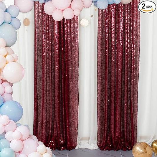 ShinyBeauty Sparkle Backdrop Curtain Burgundy 2 Panels Set Sequin Photo Backdrop Wine 2FTx8FT Sequin Backdrop Curtain Pack of 2-1220S