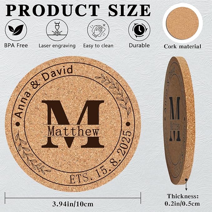 Custom Coasters Personalized Cork Coasters Bulk with Logo Wedding Personalized Cork Natural Wood Engraved Drink for Wedding Favors (Cork Coasters - Circle)