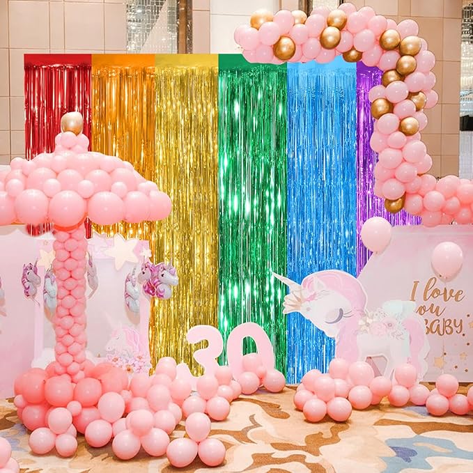 Rainbow Metallic Tinsel Foil Fringe Curtains, 2 Pack 3.3x8.3 Feet Party Streamer for Birthday Party Decorations, Halloween Decor, Foil Curtain for Bachelorette Party