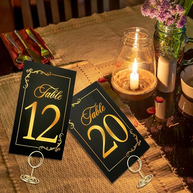 Wedding Table Numbers 1-40 and Head Table Card, Black Gold Cards with 41 Gold TableNumber Holders for Wedding Reception