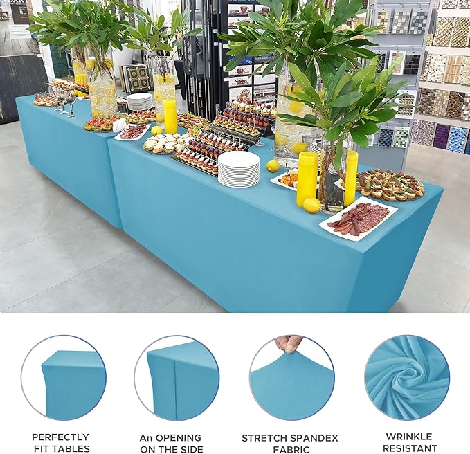 Nasitos Fitted Table Covers Stretch Spandex - 72 x 30 Inch - 2 Pack Turquoise Rectangle Table Clothes for 6 Foot Folding Tables, Wrinkle Resistant Tablecloths for Parties, Trade Show, Birthday