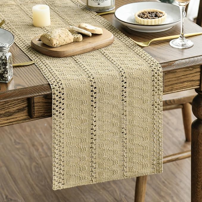 Artoid Mode Burlap Brown Farmhouse Woven Rustic Hollow Table Runner, Seasonal Holiday Hollow Kitchen Dining Table Decoration for Home Party Decor 12x48 Inch