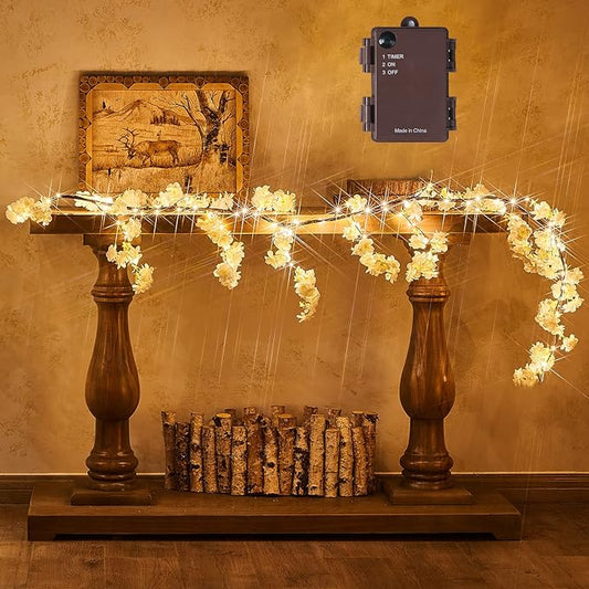 Fudios Lighted White Cherry Blossom Garland Decor with Timer 96 LED Fairy Lights 6FT for Mantle,Artificial Flower Vine with Lights Battery Operated Valentines Wedding Party Indoor Outdoor