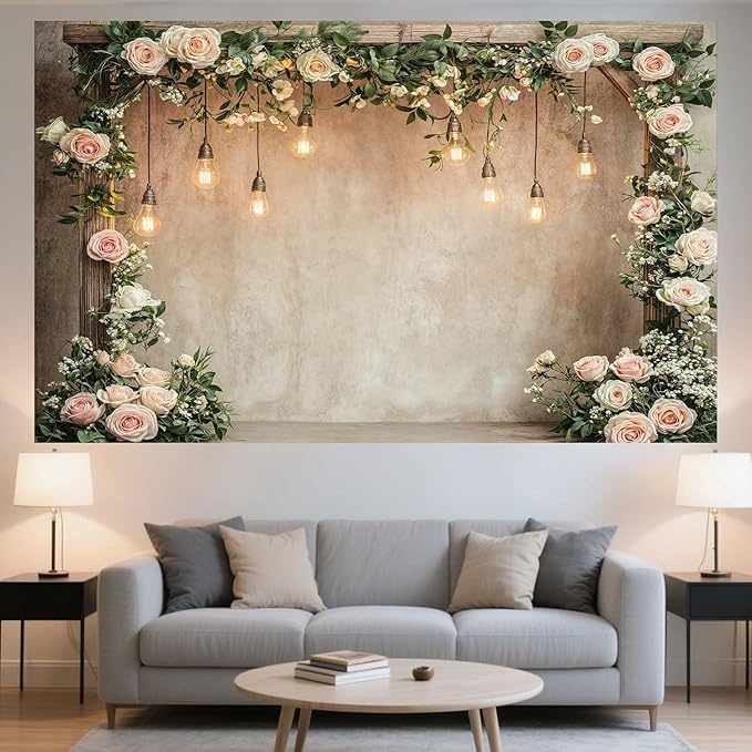 15x10ft Country Wedding Photography Backdrop Floral Rustic Roses Farmhouse Wooden Door Backdrop Pink Flower Birthday Baby Shower Wedding Bridal Party Banner Photo Booth Props Anniversary Background