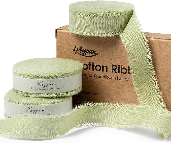 Sage Green Ribbon 5/8" x 21 Yards with Frayed Fringe Fabric Cotton Ribbons for Gift Wrapping Wedding Invitations Flower Bouquet Baby Shower
