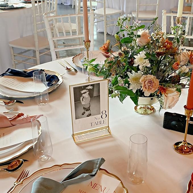 HOODO 8 Pack 4x6 Acrylic Table Number Holders with Golden Border, Double-Sided Clear Acrylic Sign Holder Gold Picture Frames Sign Holder, Vertical Stand (4"x6"-8 Pack)