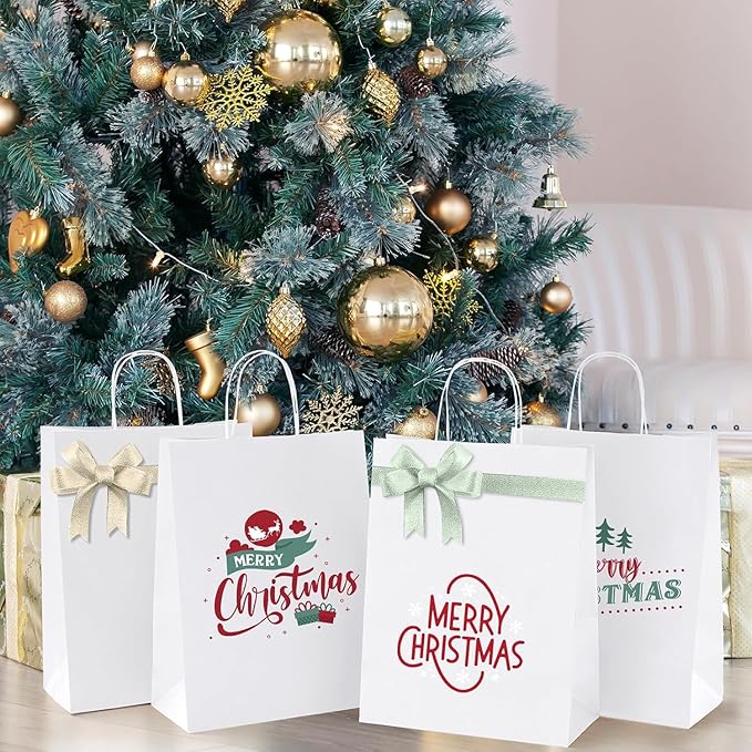 MESHA Gift Paper Bags 300 PACK 10X5X13 White Large Shopping Kraft Bags Bulk with Handles Reusable for Business Grocery Birthday Wedding Kids Party Favors(Made in USA)