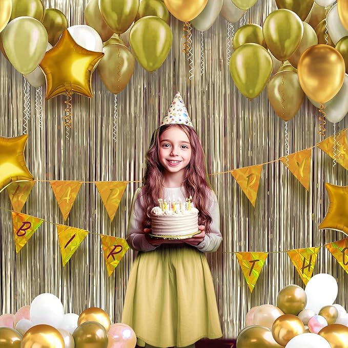 4 Pack Metallic Champagne Gold Fringe Backdrop, 3.2x8.2ft Shining Foil Tinsel Curtains, Birthday Party Decorations Door Streamers for Halloween, Christmas, Wedding, Graduation, Holiday, Theme Events