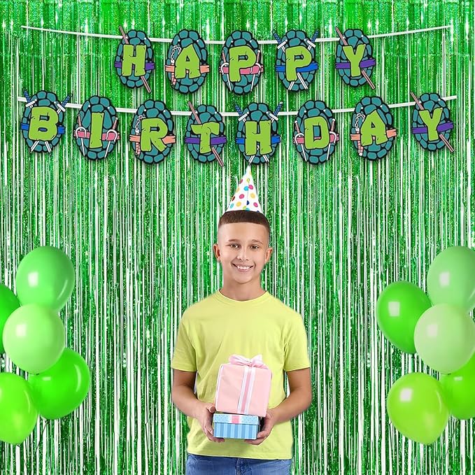 Green Tinsel Curtain Party Backdrop - GREATRIL Foil Fringe Streamers for St Patrick’s Day/Luau/Turtle/Hawaiian/Dinosaur/Ghost/Football/Christmas Decorations 2 Packs