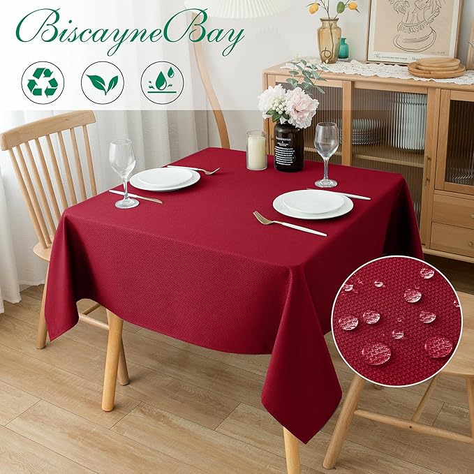 Biscaynebay Textured Fabric Christmas Square Table Cloth 90x90 Inch, Red Water Resistant Tablecloths for Dining, Kitchen, Wedding and Parties, Machine Washable