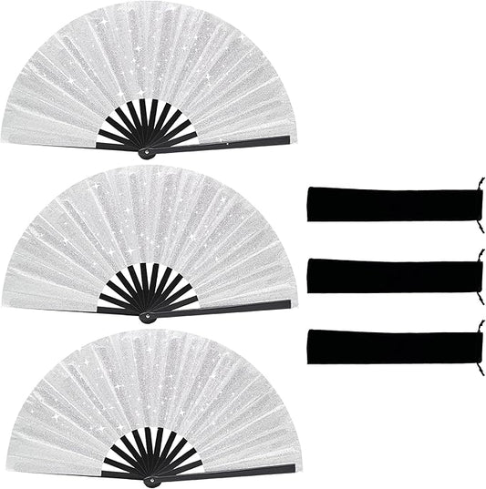 Glitter bling Large Folding Fan-Hand Fan Rave Clack Popping Fan for Line Dancing Clacking Fans for Boots On The Ground Dance, Party for EDM, Music Festival, Hot Flashes, Party, Decoration(3pcs silver)