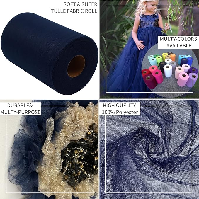Navy Blue Tulle Fabric Rolls 6 Inch by 200 Yards (600 feet) Fabric Spool Tulle Ribbon for DIY Navy Blue Tutu Bow Baby Shower Birthday Party Wedding Decorations Craft Supplies