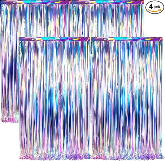 BTSD-home 4 Pack Iridescent Party Streamers Tinsel Foil Fringe Curtain Holographic Backdrop Metallic Shiny Photo Booth for Wedding Birthday Baby Shower Bachelorette Theme Party Decorations