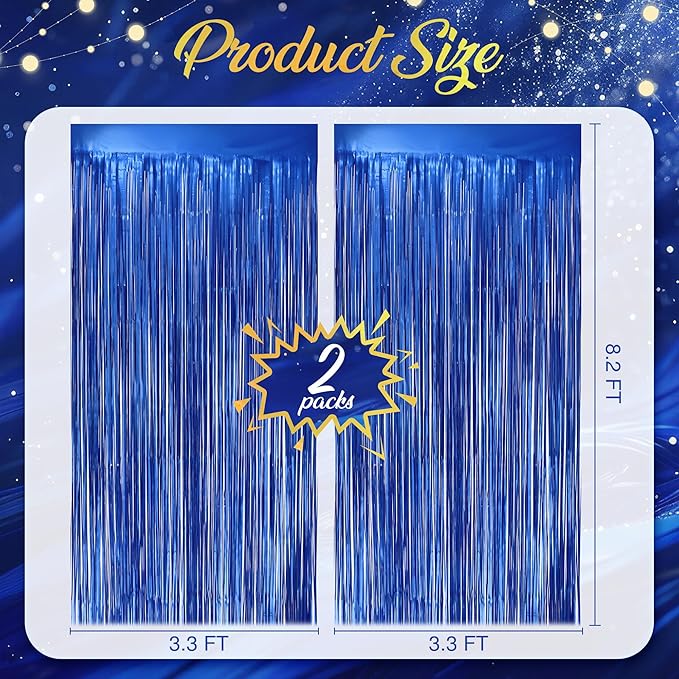 2 Pack Metallic Dark Blue Fringe Backdrop, 3.2x8.2ft Shining Foil Tinsel Curtains, Birthday Party Decorations Door Streamers for Halloween, Christmas, Wedding, Graduation, Holiday, Theme Events