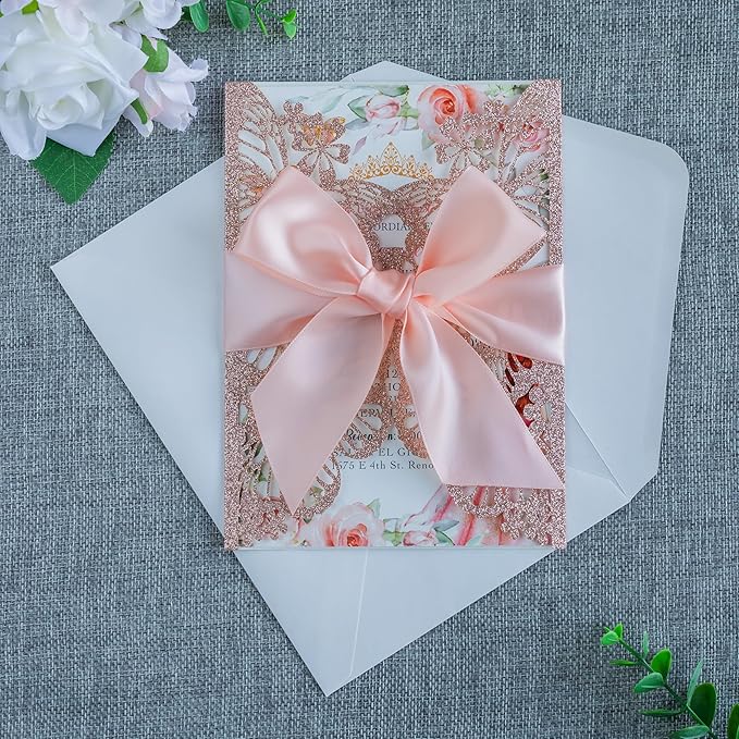 20 PCS 5.12x7.2 Butterfly Quinceanera Invitation, Laser Cut Wedding Invitation Cards with Envelopes for XV Anos Bridal Shower Baby Shower Invite (Rose Gold Glitter)
