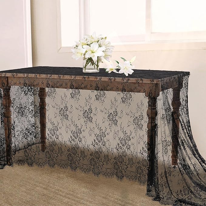 Black Lace Tablecloth Halloween Table Fabric 60x120 Inch for Scary Movies Rustic Wedding Bridal Shower Party Decoration Rectangle Overlay Long Vintage Embroidered Reception Table Cloth Decor