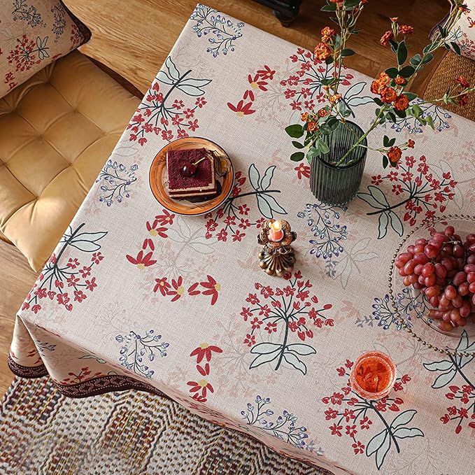 patdrea Designer Linen Small Rectangular Table Cloth,French Vintage Red Floral Tablecloth,Breathable Dacorative Cover for Kitchen Dining,Tea Party,Christmas,Thanksgiving,Holiday,55"x71"-Newmari