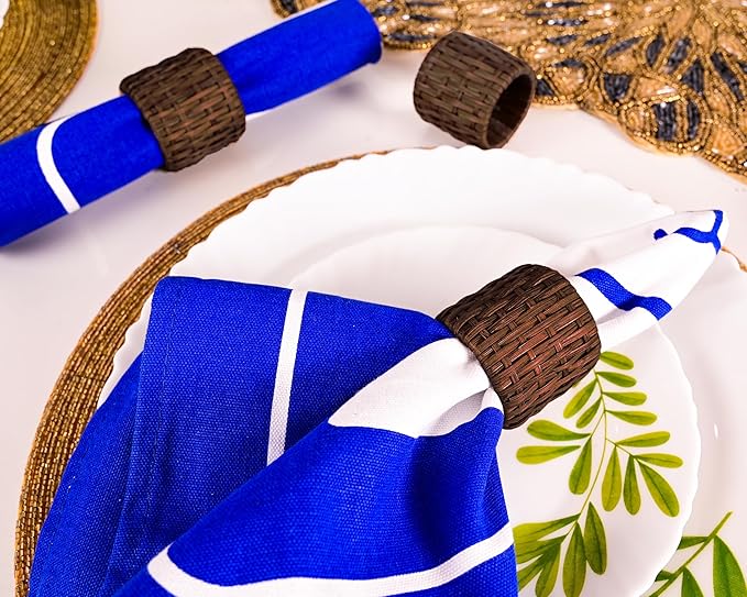 Woven Napkin Rings Set of 12, Handmade Cane Fall Napkin Rings Holders, Natural Napkin Buckles Holder Bulk for Farmhouse Wedding Thanksgiving Xmas Easter Table Décor (Brown) - CLEENTABLE