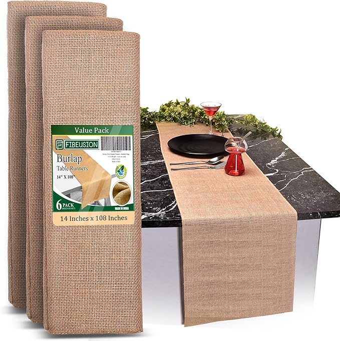 Burlap Table Runners (Pack of 6) – 14”x 108” - No-Fray Finished Edge Premium Quality Natural Table Runner – No Odor, Eco-Friendly Burlap Runner, Perfect for Rustic Table Decor and Other DIY Crafts