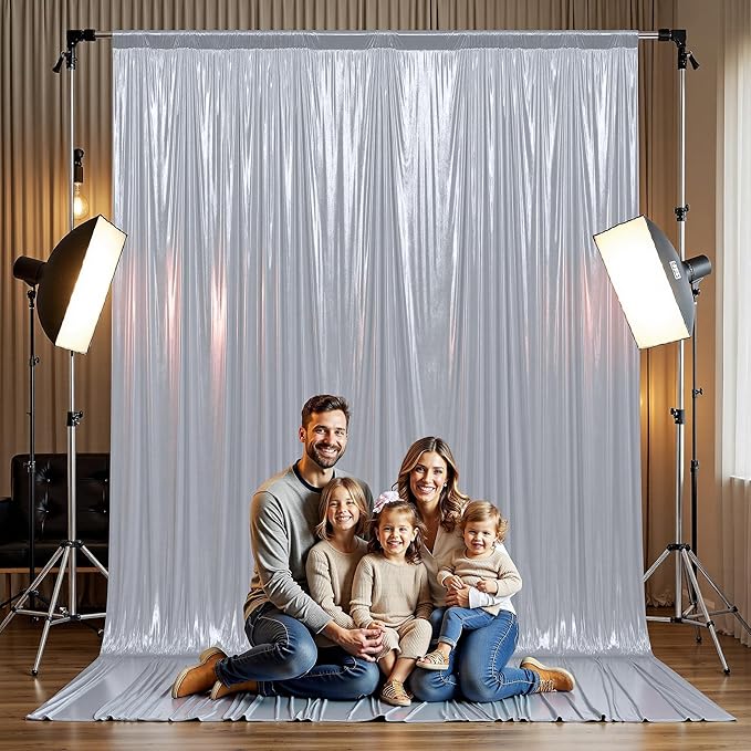 PartyVillage 10x10FT Metallic Silver Sequin Backdrop Curtain -2 Panels 5x10FT Wrinkle Free Shimmer Back Drop Cloth, Glitter Backdrop Drapes for Photography, Birthday, Wedding Background