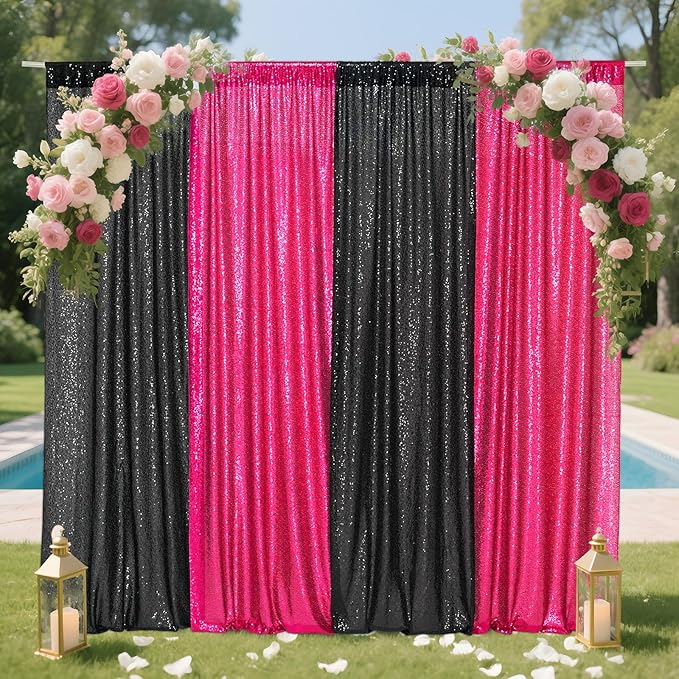 Eternal Beauty Black and Hot Pink Backdrop 4 PCS-2x8 Ft Sequin Curtain Panels for Christmas Party, Birthday
