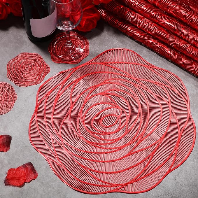 Sieral 12 Set 15 Inch Round Pressed Vinyl Placemats Hollow Out Rose Placemat Set Metallic Slip Resistant Place Mat Coaster Including Place Mats and Coasters for Wedding Dining Kitchen (Red)