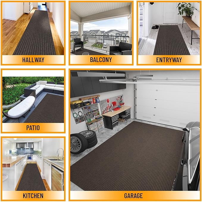 Ottomanson 2' x 5' Hallway Runner with Scraper Pile Extra Durable Non-Slip Rug Mat for Indoor & Outdoor Use - Ideal for Kitchen, Entryway, Patio & Garage - High-Traffic Carpet, Brown