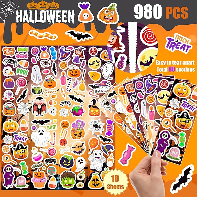 Halloween Stickers 980Pcs Assorted Halloween Stickers for Kids Halloween Party Favors, Classroom Crafts, Goodie Bags, Decorations, Trick or Treat Halloween Party Supplies