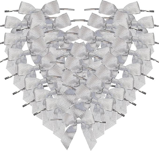 50pcs 3-1/2" Metallic Silver Glitter Ribbon Bows with Twist Ties for Gift Wrapping Packing Christmas Big Bows for Holiday Decoration (Silver)