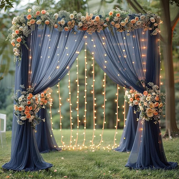 10×10ft Navy Blue Tulle Backdrop Curtain with Lights String for Parties, Sheer Photo Backdrop Curtains for Wedding Party Photography Background