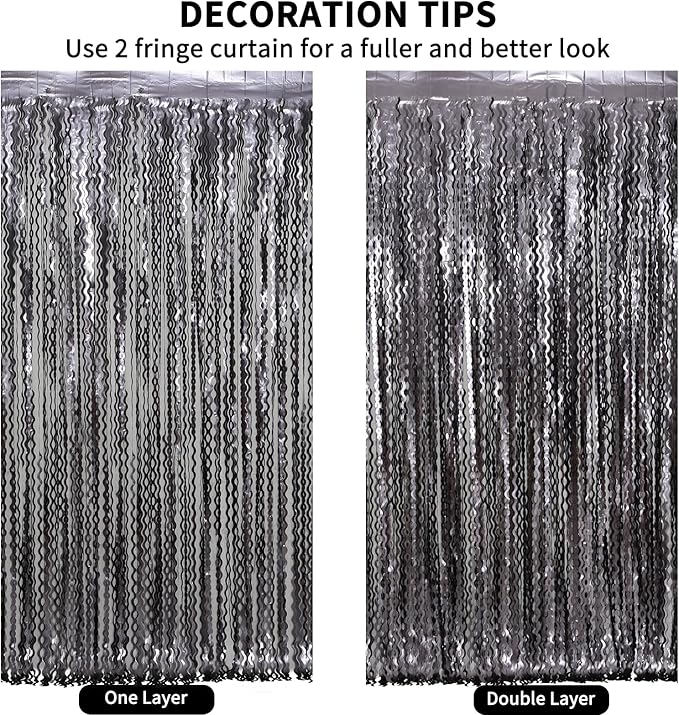 4 Pack Wavy Grey Foil Fringe Curtains Party Decorations - 3.3 ft x 6.6 ft Tinsel Curtain Backdrop for Birthday Bachelorette Wedding Birthday Disco Party Decorations