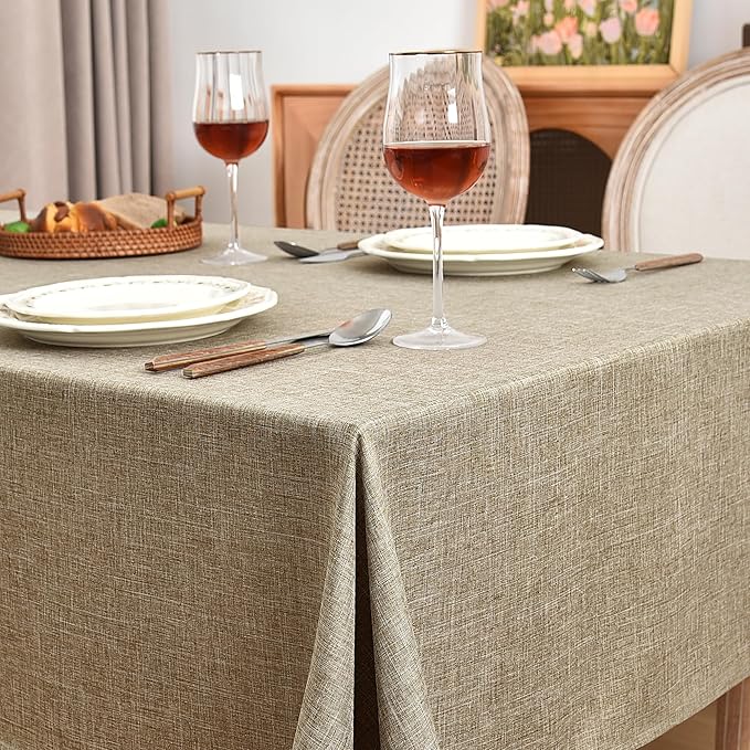 Fitable Faux Linen Table Clothes Rectangle 60 x 102 Inch - 2 Pack Khaki Tablecloths for 6 Foot Tables, Faux Burlap Kitchen Table Covers for Dining, Party, Farmhouse, Banquet, Buffet