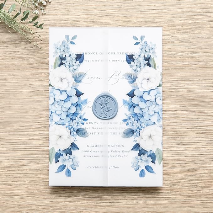 PONATIA 50PCS Vellum Jackets for 5x7 Invitation Cards- 135GSM Dusty Blue Flowers Sleeves, Vellum Paper 5x7 Jackets - Wedding Invitations Wraps - Transparent Card