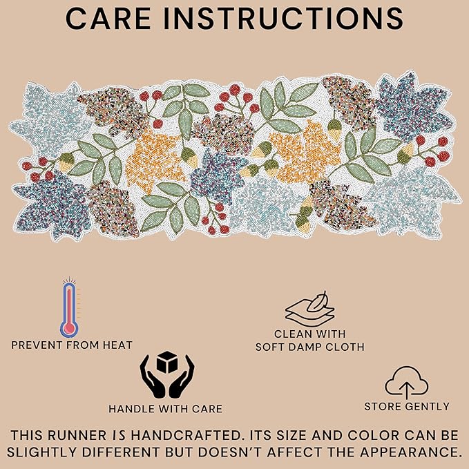 Boho Beaded Table Runner - 36" Handcrafted Glass Beads Floral Design with Durable Non-Slip Polyester Backing for Dining, Coffee Table & Special Occasions (Multi) - CLEENTABLE