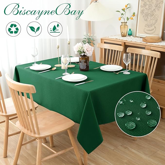 Biscaynebay Textured Fabric Christmas Rectangle Table Cloth 90x156 Inch, Hunter Green Water Resistant Tablecloths for Dining, Kitchen, Wedding and Parties etc. Machine Washable
