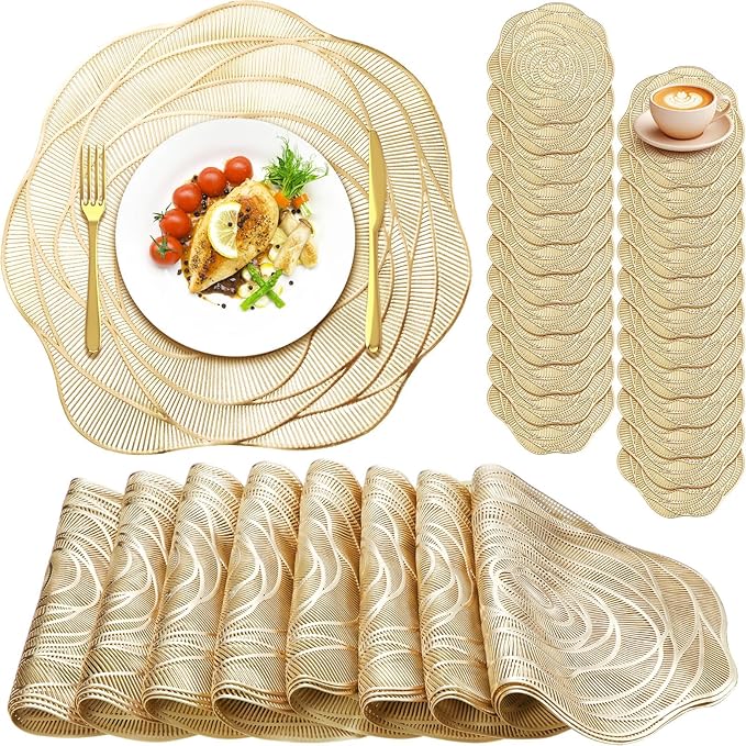 Sieral 24 Set 15 Inch Round Pressed Vinyl Placemats Hollow Out Rose Placemat Set Metallic Slip Resistant Place Mat Coaster Including Place Mats and Coasters for Wedding Dining Kitchen (Gold)