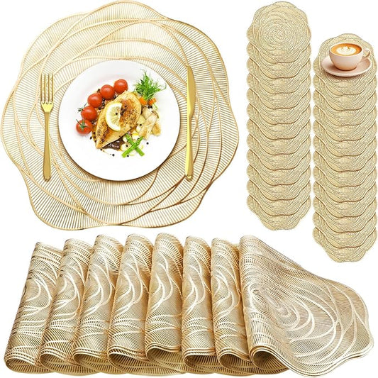 Sieral 24 Set 15 Inch Round Pressed Vinyl Placemats Hollow Out Rose Placemat Set Metallic Slip Resistant Place Mat Coaster Including Place Mats and Coasters for Wedding Dining Kitchen (Gold)