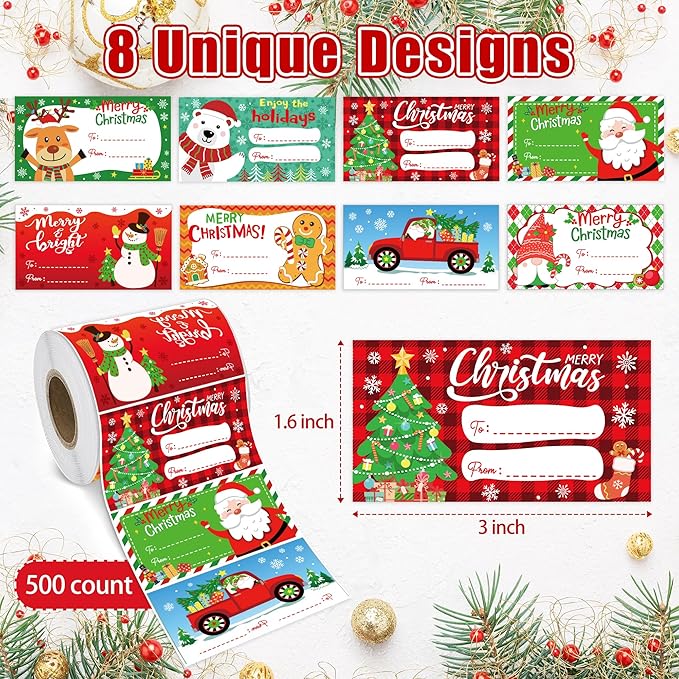 500 PCS Christmas Gift Tags,Christmas Name Tags Stickers Roll, Self-Adhesive Christmas Labels for Presents, Gift Bags, Boxes, Xmas Holiday Wrapping Paper Christmas Decorations