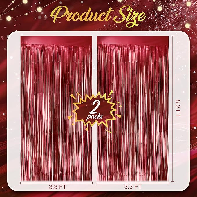 2 Pack Red Fringe Backdrop, 3.2x8.2ft Shining Foil Tinsel Curtains, Birthday Party Decorations Door Streamers for Halloween, Christmas, Wedding, Graduation, Holiday, Theme Events