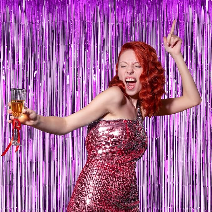 3 Pack 3.3x8.2 Feet Purple Foil Fringe Backdrop Curtains, Tinsel Streamers Birthday Party Decorations, Fringe Backdrop for Graduation, Baby Shower, Gender Reveal, Disco Party