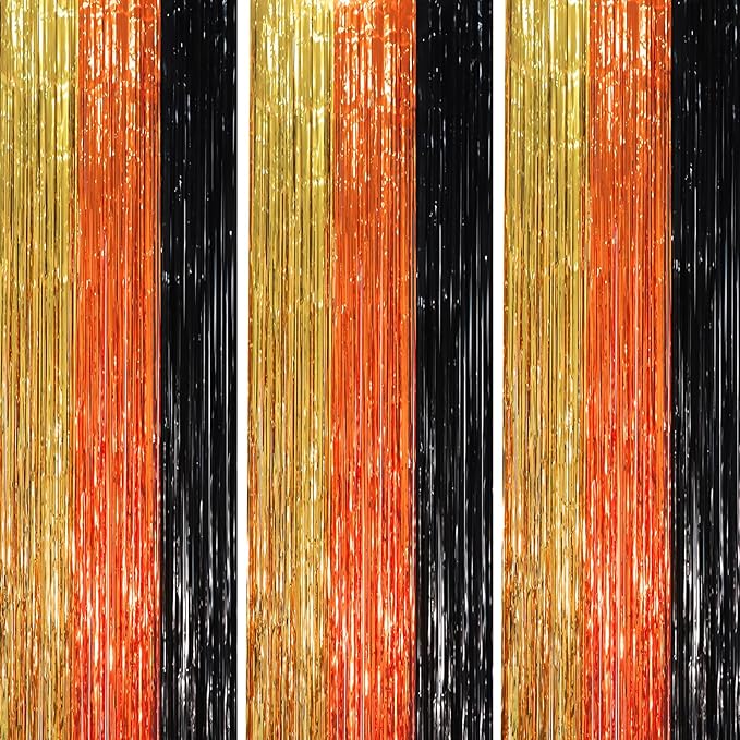 3 Pack 3.3 x 8.2 ft Black Gold Orange Foil Fringe Backdrop Curtains, Tinsel Streamers Party Decorations, Fringe Backdrop, Door Shimmer for Construction or Birthday Party